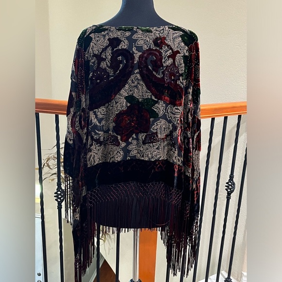 MONACO BURNOUT Velvet Paisley Fringe Poncho, Silk RAYON BLEND: - Picture 4 of 11